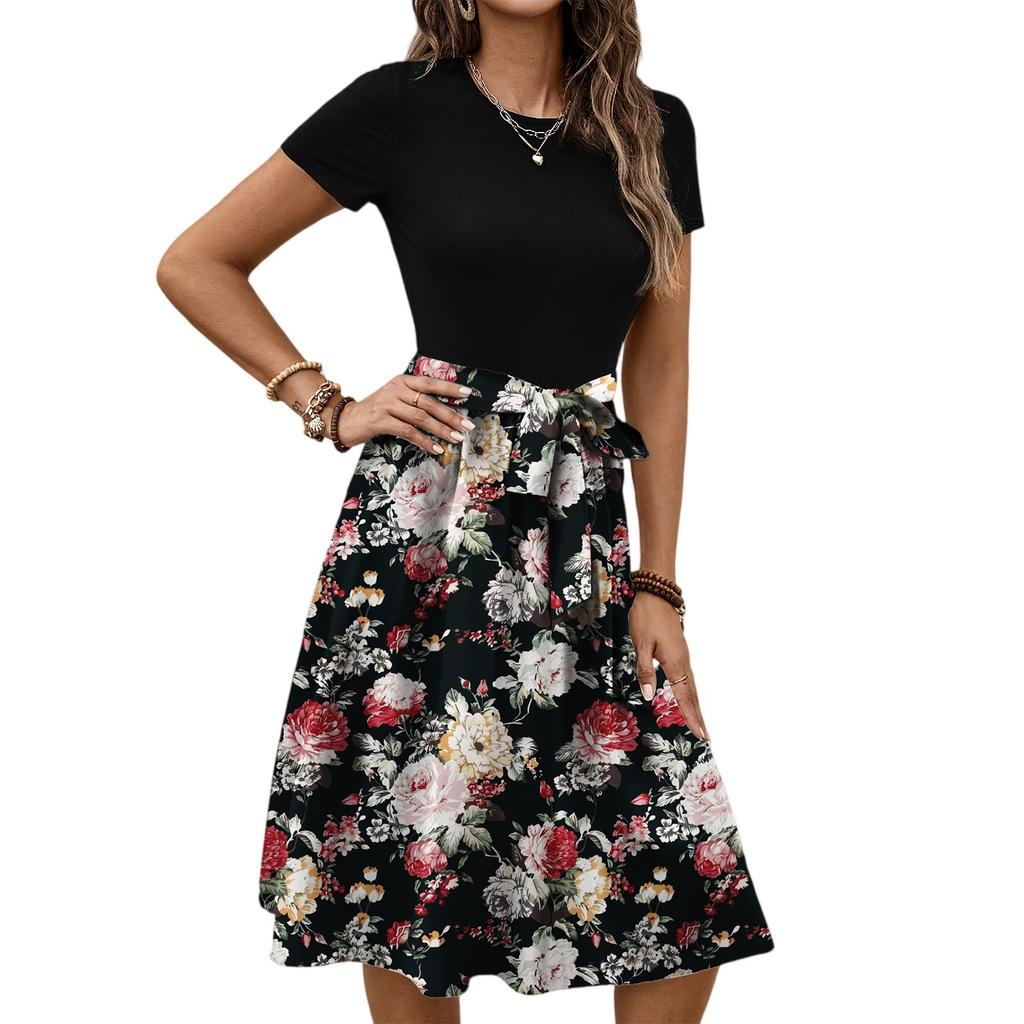 Dámské módní retro vzorované tištěné barevně blokované šaty