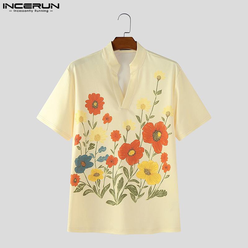 INCERUN Oversized Casual Men Lapel Short Sleeve Print Buttons Shirts