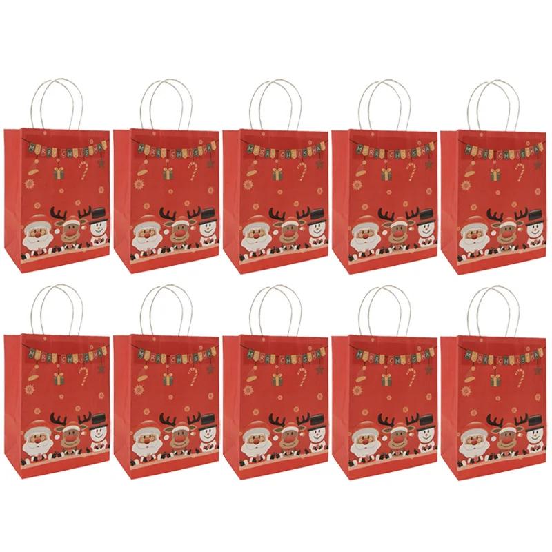 10PCS Santa Claus Snowman Kraft Paper Bags Xmas Party Decor Candy Gift Handle Pakcaging Bag New Year Eve Merry Christmas Supplie