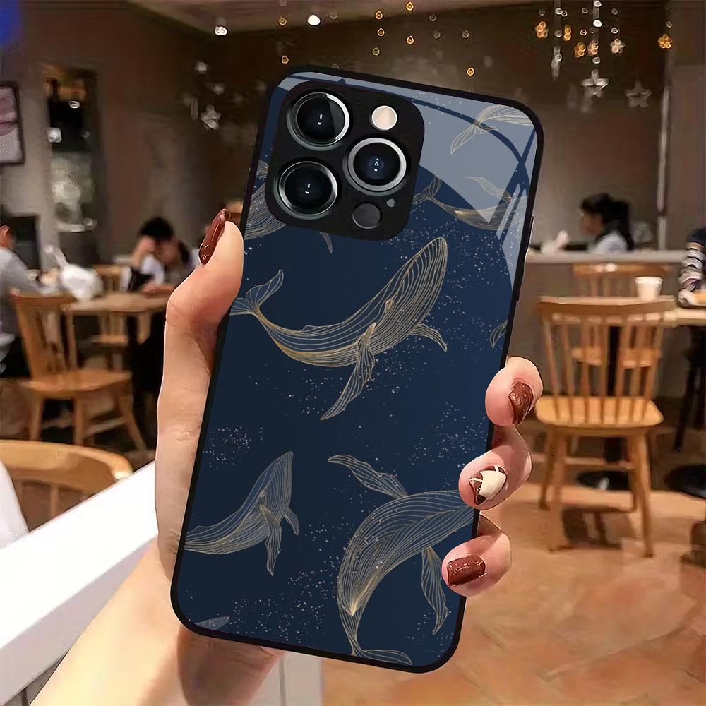Marine Life Pattern Tempered Glass Mobile Phone Case Suitable for iPhone 17/16/15/14/13/12/11Pro Max All-inclusive Anti-fall