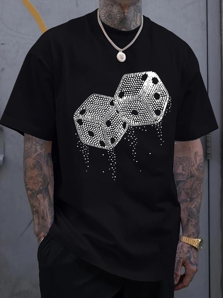 Casual Street-Style Dice Print T-Shirt, Eye-Catching And Unique Design, Men's Fashion Printed T-Shirt, Street Trend Style T-Shirt, Men's T-Shirt