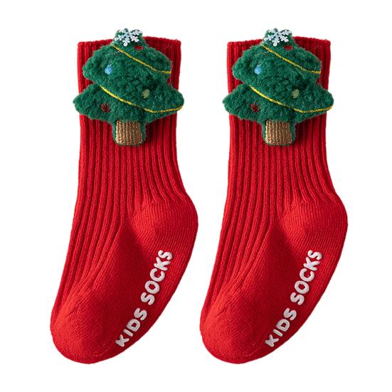 1 Pair 3D Knit Christmas Baby Socks Soft Cotton Novelty Socks with Doll Design Anti-Slip Bottom Socks for Toddlers