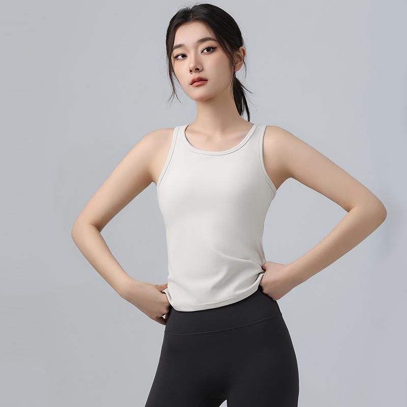 

2025 High Elasticity Yoga Tank Top with Chest Pads – Quick-Dry, Breathable, Anti-Exposure Fitness Wear S ваниль/белый