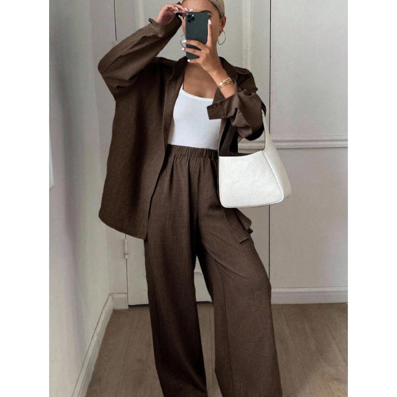 Women's Long Sleeve Shirt and Pants Two-Piece Set Fashionable and Stylish Outfit Combo for Professional or Casual Wear