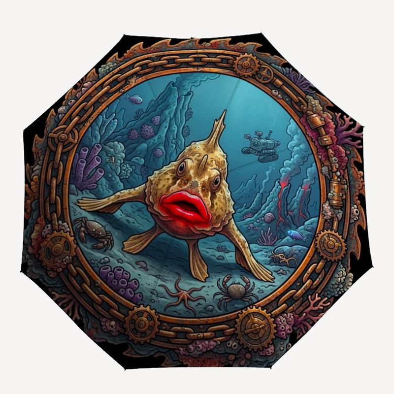 Underwater Mechanical Fish pattern umbrella, portable and foldable design, 8 ribs, a casual accessory for Halloween, Christmas, and birthday gifts.