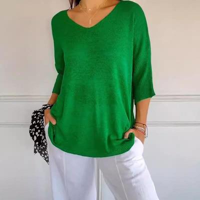 Basic-Strickpullover mit V-Ausschnitt für Damen – einfarbig, schlank machende Passform, Dreiviertelärmel
