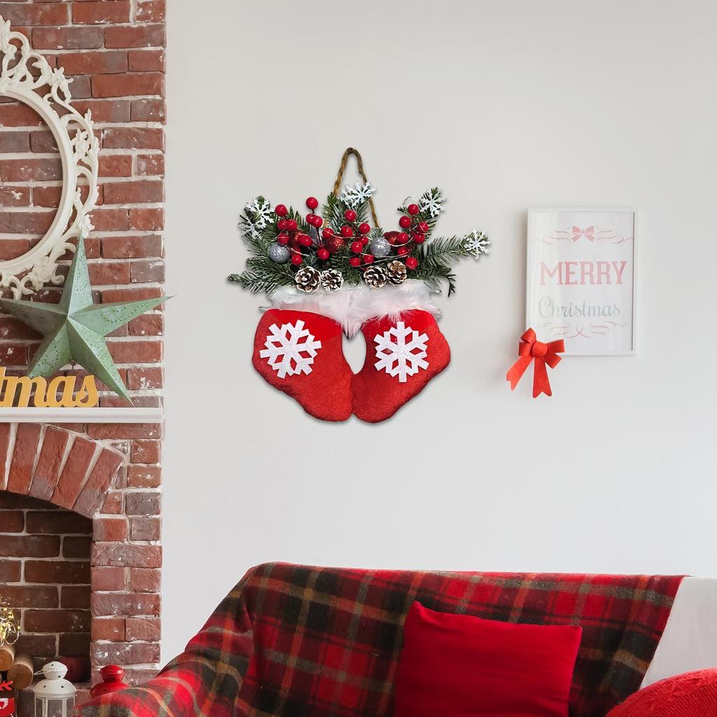 Christmas Door Wreath Mitten Artificial Holiday Garland with LED Lights Holiday Decorations with Red Berries Pine Cones Branches