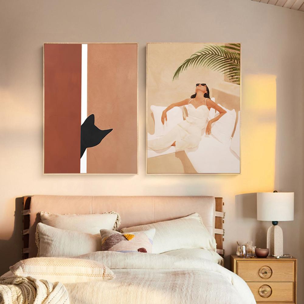 Boho Fashion Summer Woman Wall Art Beach Black Cat Canvas Painting Nordic Posters and Prints Pictures for Living Room Decor