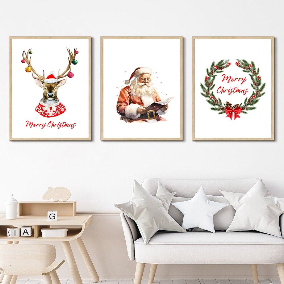 Retro Reindeer Sleigh Christmas Tree Canvas Print Christmas Socks Christmas Wall Art Poster for Modern Nordic Home Decor Gifts