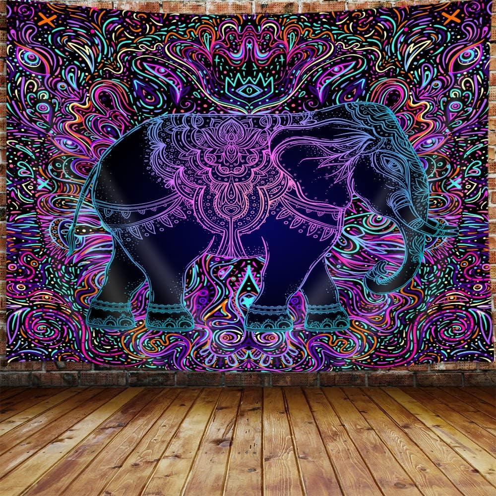Blacklight Mandala Elephant Tapestry Neon Swirl Psychedelic Wall Hanging for Boho Spiritual Bedroom Decor