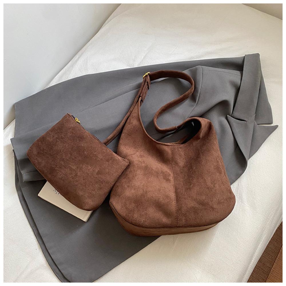 Versatile Retro Women Shoulder Bag Solid Color Pu Leather Underarm Bag with A Small Bag High Capacity Tote Bag