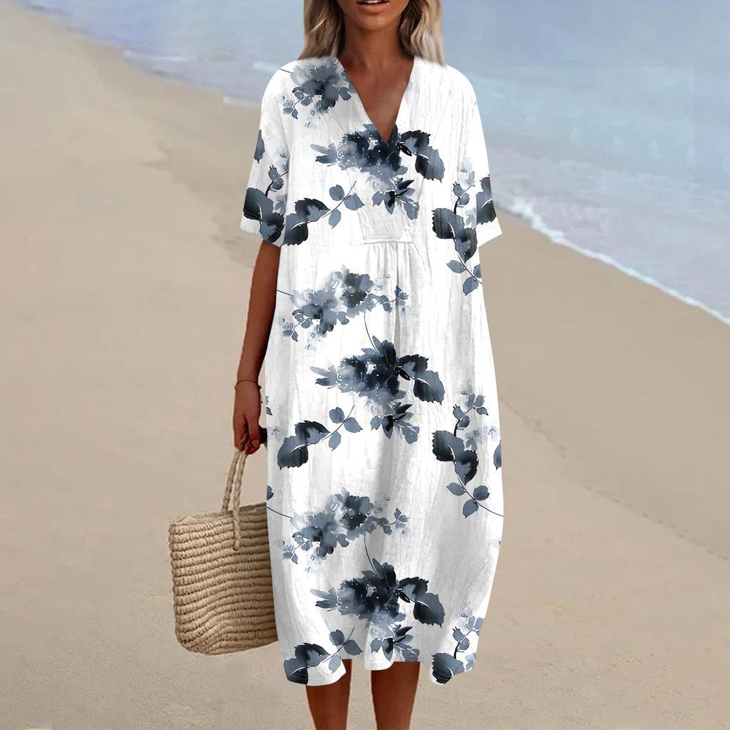 Women's Loose Casual Fashion V-Neck Printed Dress Beach Skirt
