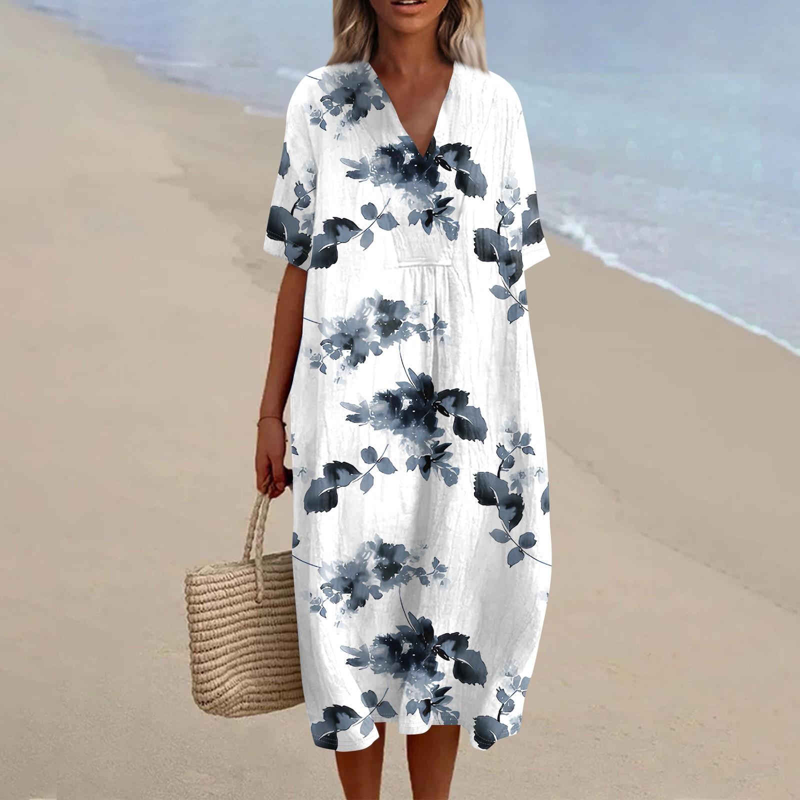 Women s Loose Casual Fashion V-Neck Printed Dress Beach Skirt L