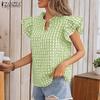 ZANZEA Damen Freizeit V-Ausschnitt Karomuster Kappenärmel Bluse