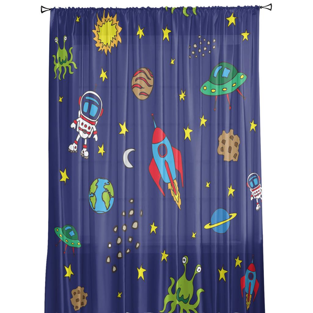 Space Astronaut Rocket Moon Planet Sheer Curtains for Living Room Decoration Window Curtains Kitchen Tulle Voile Curtains