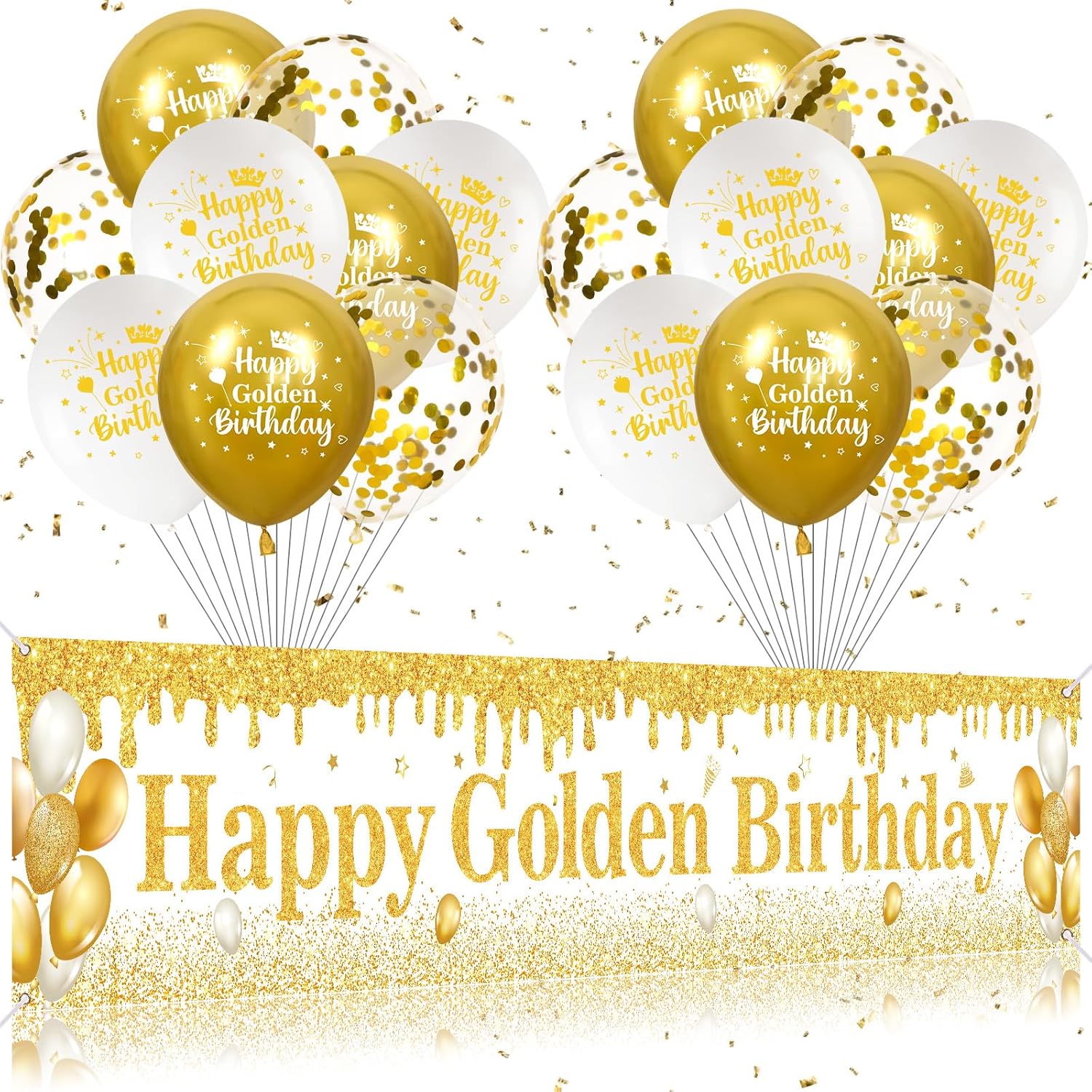 Happy Golden Birthday Decorations for Kids Adults Happy Golden Birthday Banner and 18Pcs Balloons for Women Men 21st 24th 25th 28th 30th Party