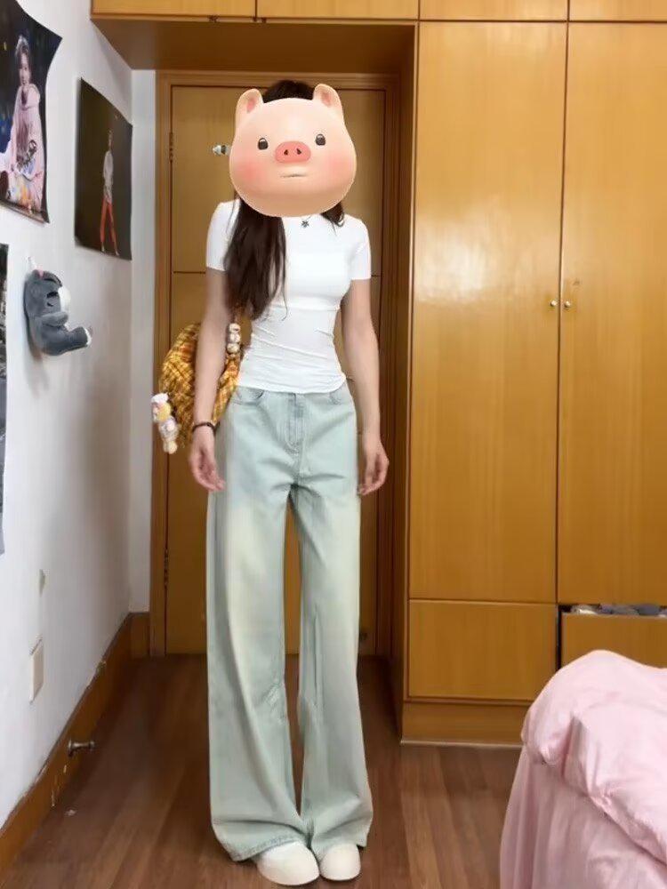 

Summer 2025 Light Wash High Waist Wide Leg Jeans for Women - Retro American Style, Petite Fit M синий