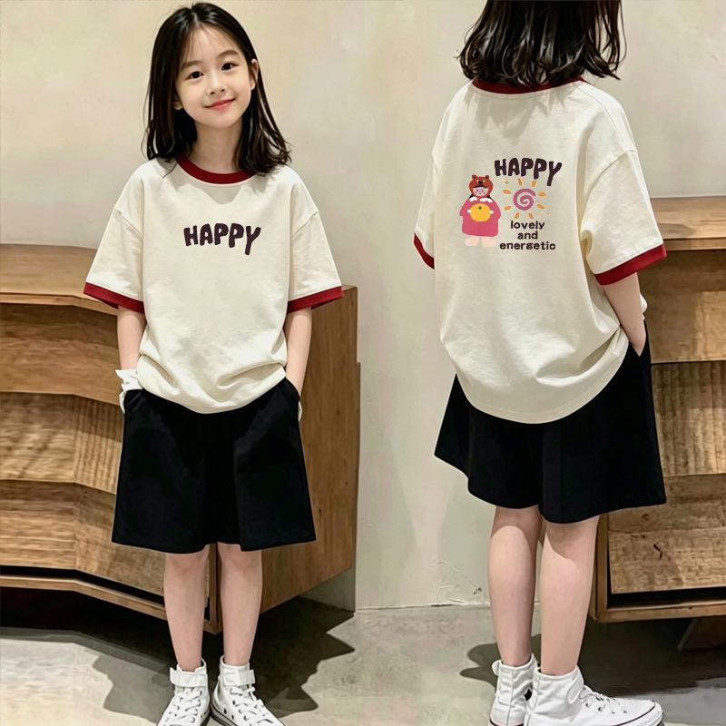 Girls' Stylish Cotton Patchwork Short-Sleeve T-shirt Set for Ages 6-15 - Summer Casual Two-Piece Set