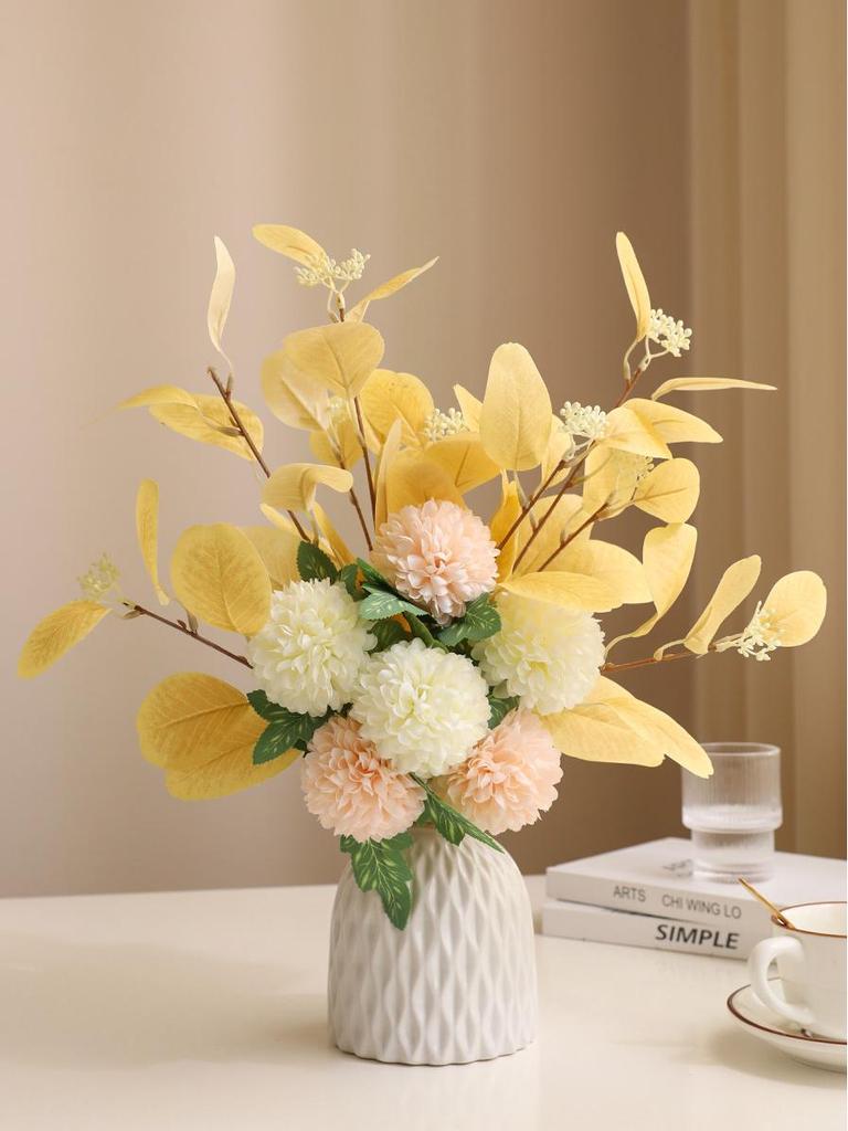 Eucalyptus Ball Chrysanthemum Bouquet in Ceramic Vase - Artificial Dried Flowers for Living Room or Dining Table Decor