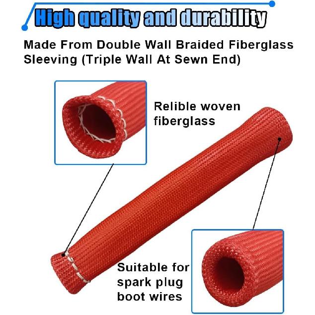 8PCS Spark Plug Wire Heat Shield Sleeve, 1500° Spark Plug Wire Cover Wrap,Red