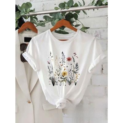 Europäische Größe Sommer Handbemaltes Blumenmuster Rundhals Kurzarm T-Shirt