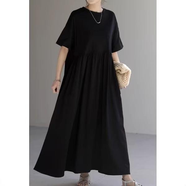 

Japanese Style Cotton Crew Neck Pocket T-Shirt Dress (2025 Summer Collection) One Size