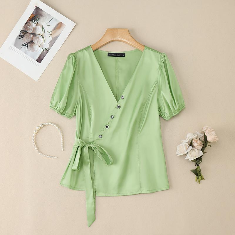 

ZANZEA Женская летняя повседневная блузка с V-образным вырезом и короткими рукавами на шнуровке 5XL зелёный