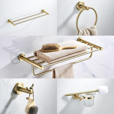 Gold Brushed Stainless Steel Bathroom Set: Towel Rack, Toilet Paper Holder, Storage Shelf, Clothes Hook, No Drill.