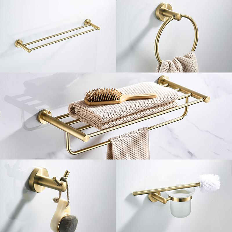 Gold Brushed Stainless Steel Bathroom Set: Towel Rack, Toilet Paper Holder, Storage Shelf, Clothes Hook, No Drill.