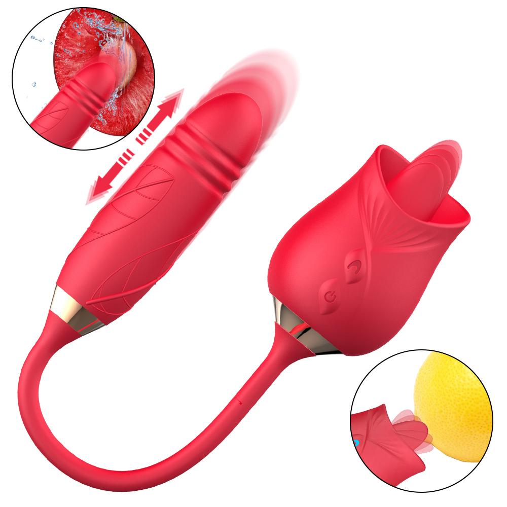 Rose Vibrator 10 Speed Thrusting Dildo Clit Nipple Oral Pussy Licking Clitoris Stimulator