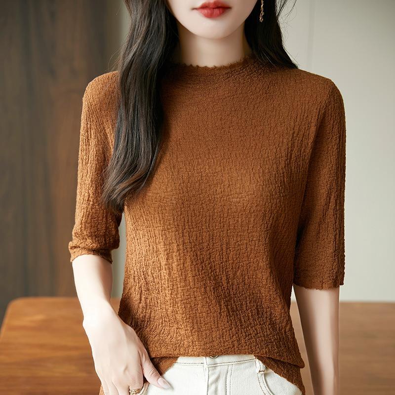 Pull en laine peignée pour l'automne et l'hiver, col semi-montant, manches moyennes, texture tricotée, plissé, couleur unie, manches trois-quarts, haut de base