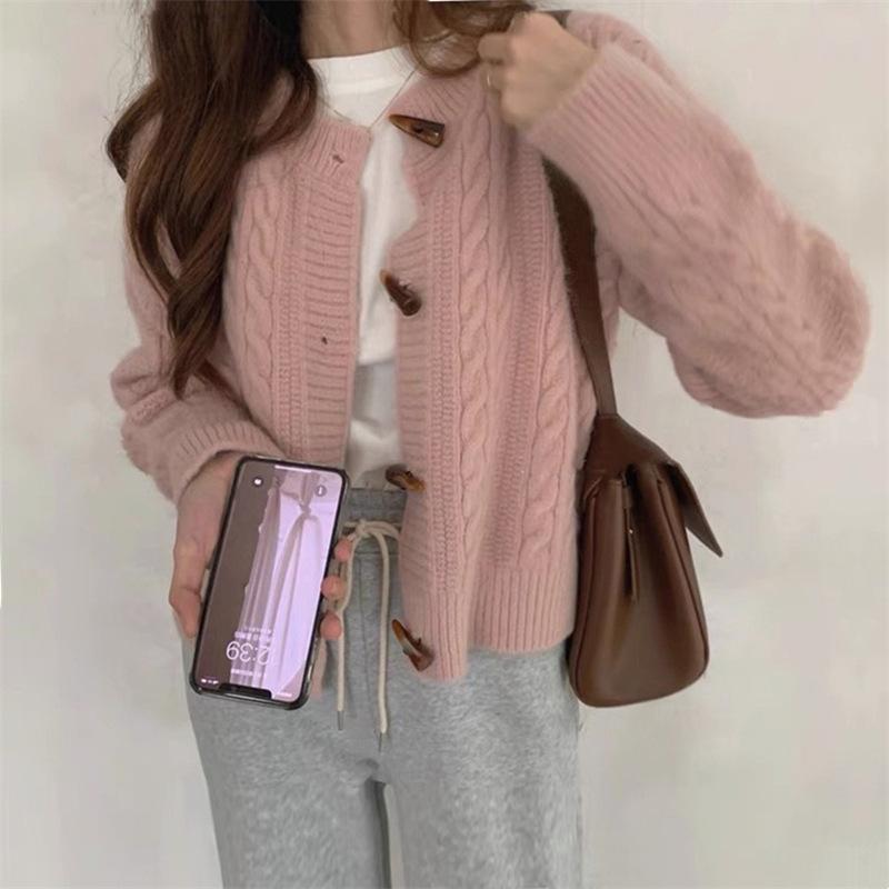 Retro Solid Color Horn Button Sweater Jacket Autumn and Winter New Casual Lazy Wind Soft Waxy Gentle Sweater Twist