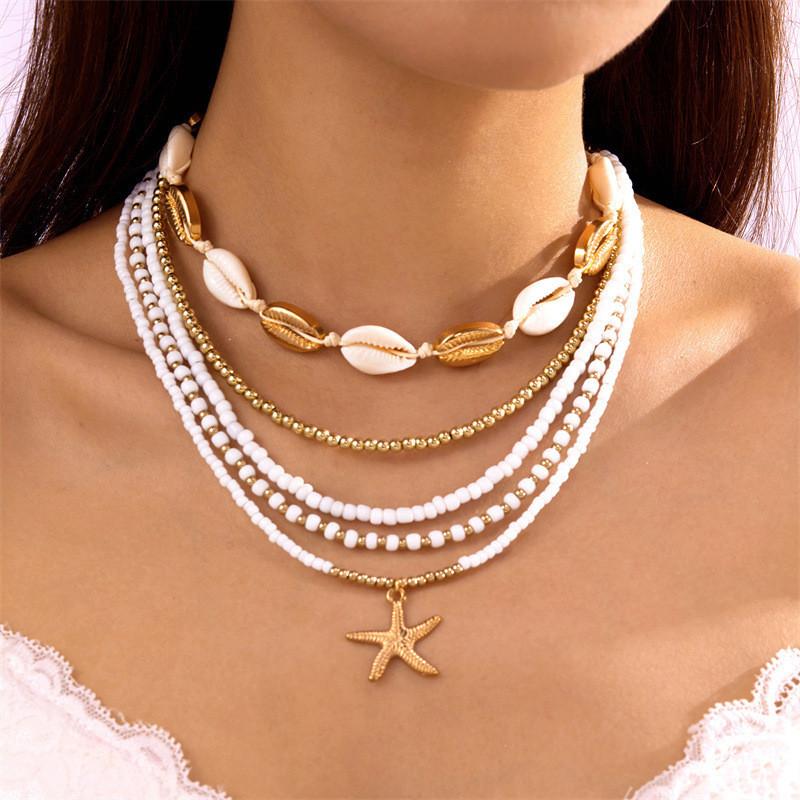 Bohemian Shell Starfish Alloy Necklace With Geometric Pendant For Women белый