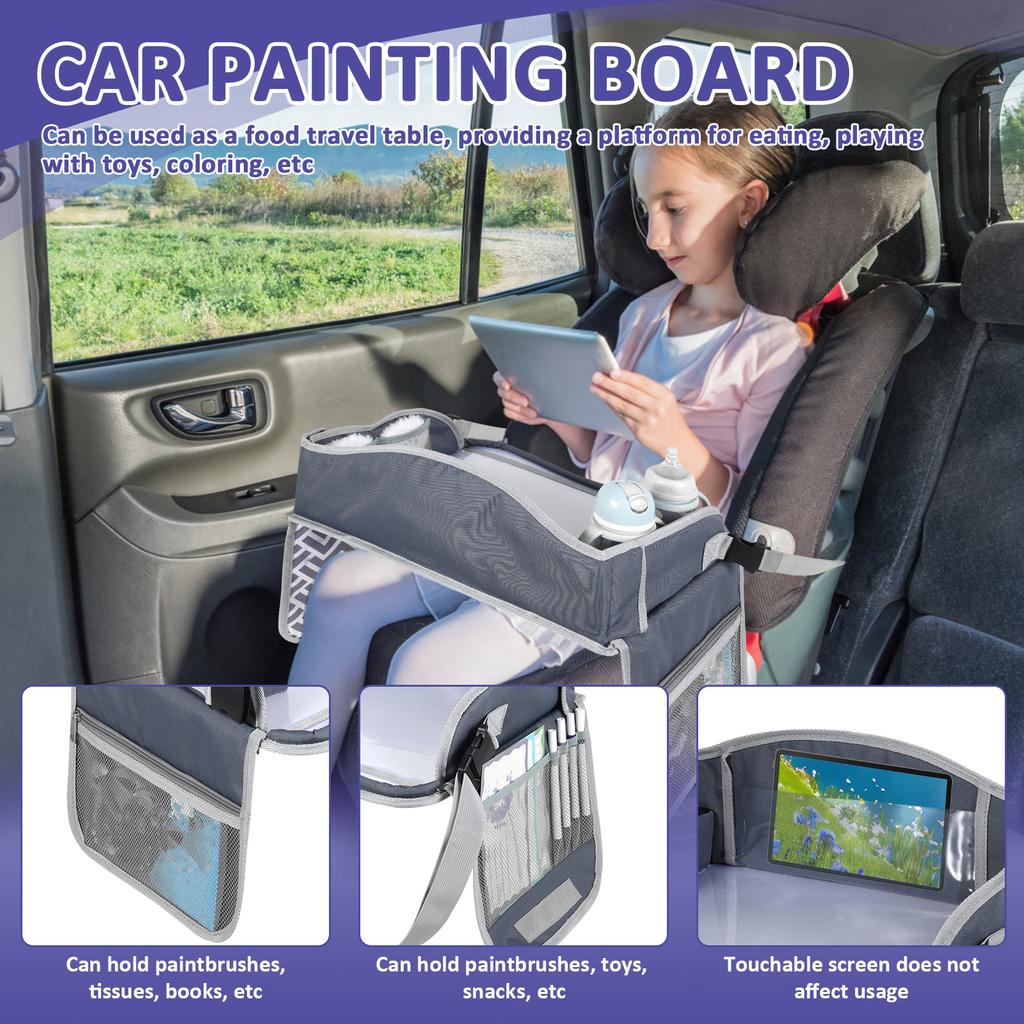 Kids Car Seat Tray Foldable Travel Children's Table Lap Tray Portable Waterproof Multiple Pockets for Dining Drawing