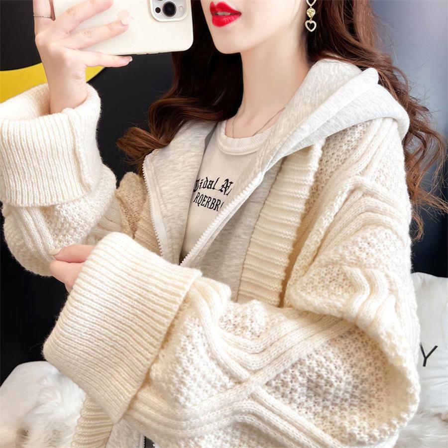 Women's Two-Piece Hooded Knit Cardigan Sweater Coat Autumn Fall Loose Lazy Style Long Sleeve
