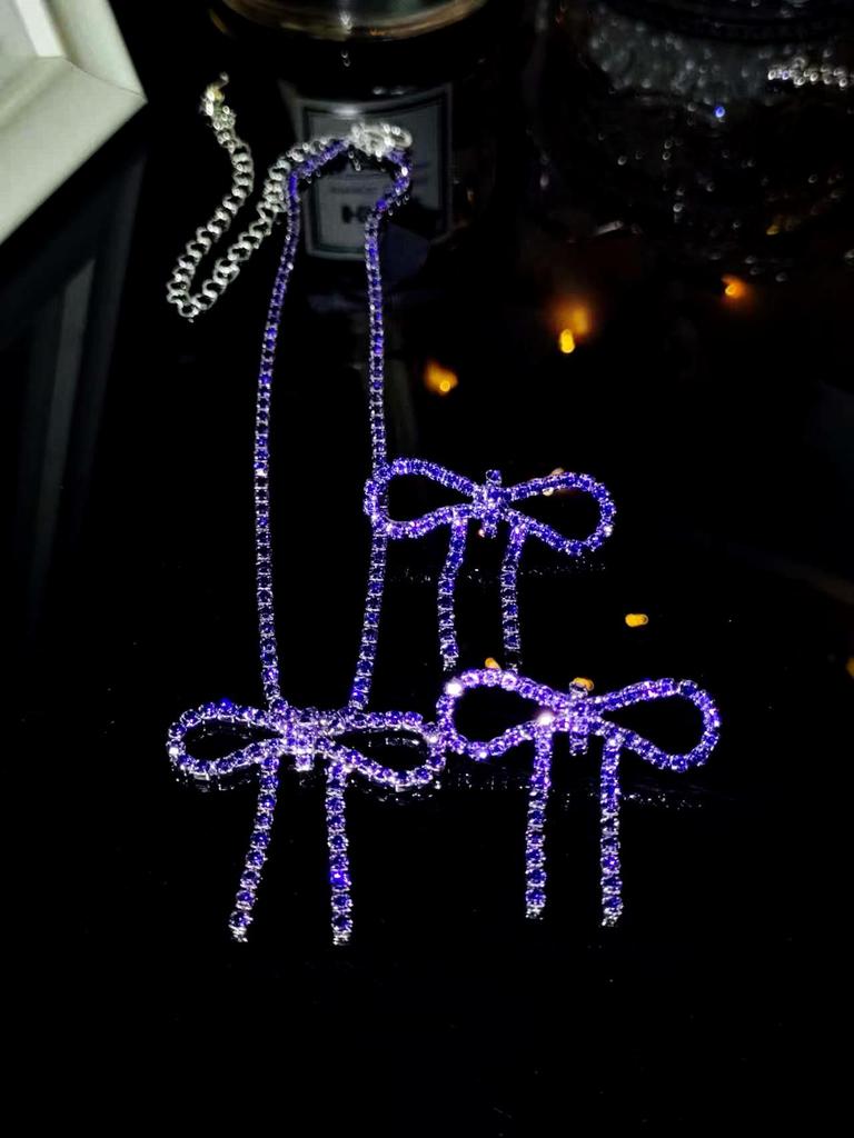 Sparkling Rhinestone Bow Necklace & Earrings Set - Two-Piece for Runway Competitions