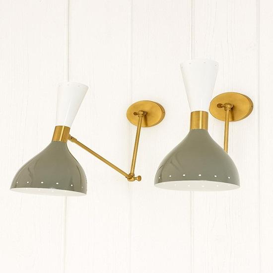 Mid-Century Modern Diabolo Wall Sconce Pair Italian Brass Adjustable Lighting  Lime Green Color