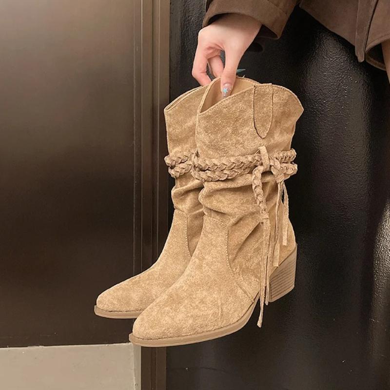 Fashion New Style Spring and Autumn Women's Luxury Retro Fashion Style Fashion Boots Thick Heel Long Tube Slim Stacked Middle Tube Boots