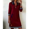 Women S Casual Long Sleeve Turn Down Collar Color Block Dress With Zipper Pocket