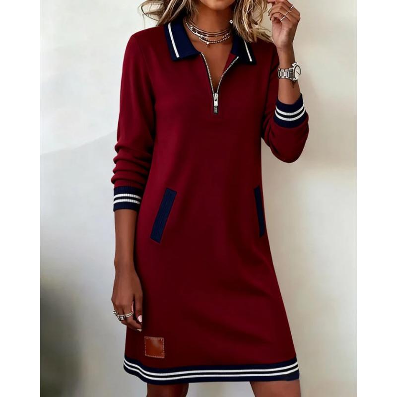 Women S Casual Long Sleeve Turn Down Collar Color Block Dress With Zipper Pocket