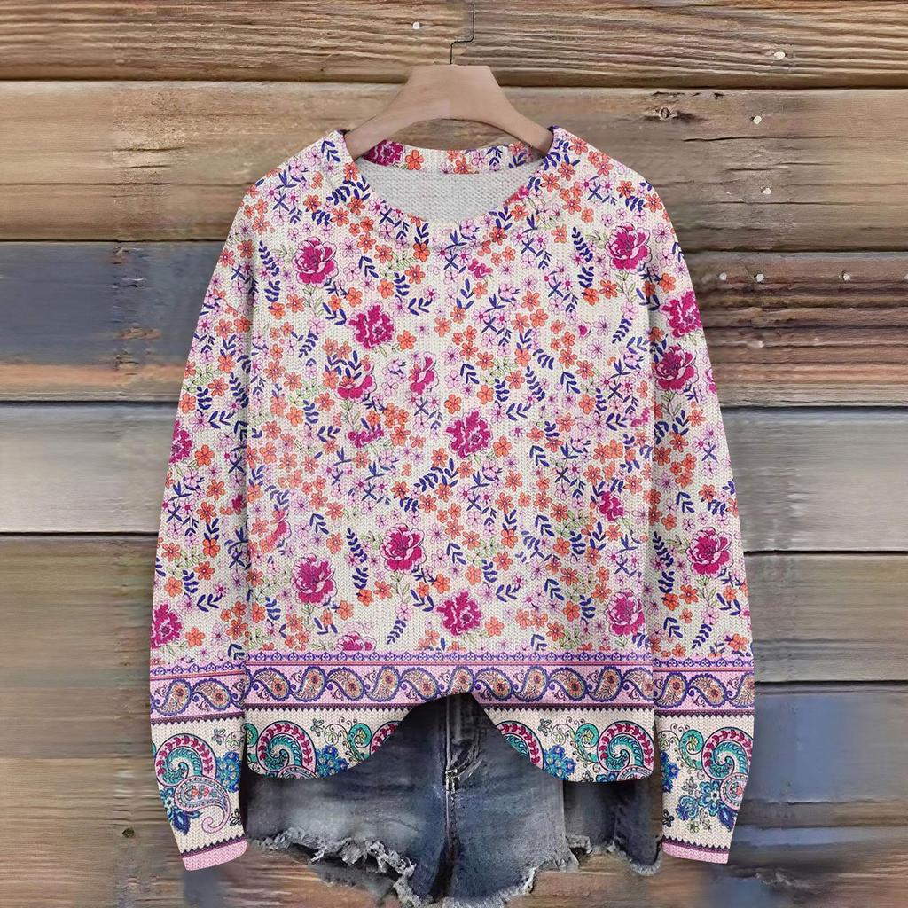 Long Sleeve Pullover Sweaters For Women O Neck Casual Cute Printing Knit Oversized Sweater