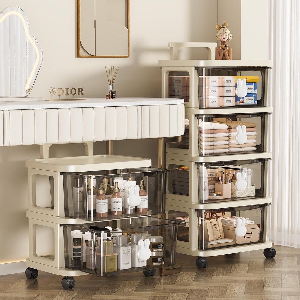 Kaninchen-Trolley: Mehrschichtiger Wagen mit Rädern und Schublade für Kinderbücher und Aufbewahrung