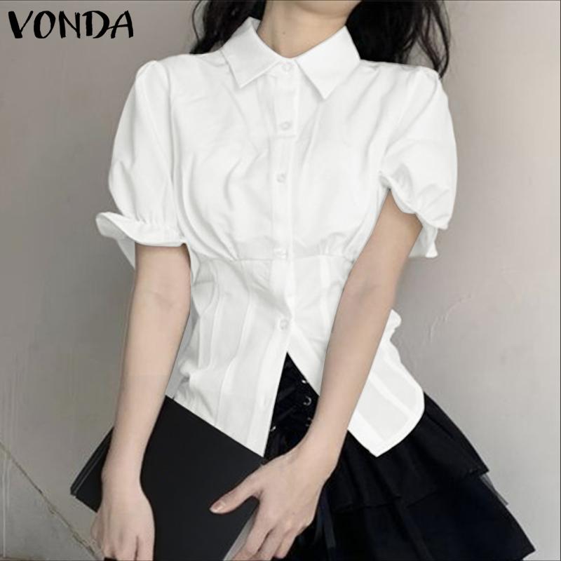 VONDA Women Turn-down Collar Short Sleeve Slim Waist Casual Short Blouse