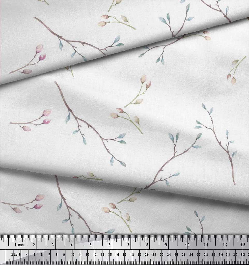 Soimoi Japan Crepe Satin Fabric Leaves & Buds Flower Print Fabric by the metre 42 Inch