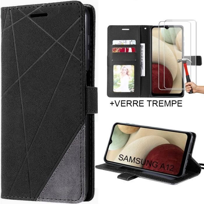 Coque de protection pour Samsung Galaxy A12 - BOOLING - Effet Cuir Noir - Fermeture Magnétique - 2 Verres Trempés