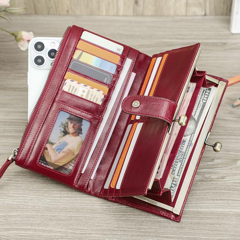 Lange Geldbörse aus echtem Leder für Damen, Geldbörse mit Metallrahmen, Kartenhalter, Haspe und Münzfach mit Reißverschluss, für 6,7-Zoll-Telefon, RFID-Geldbörse