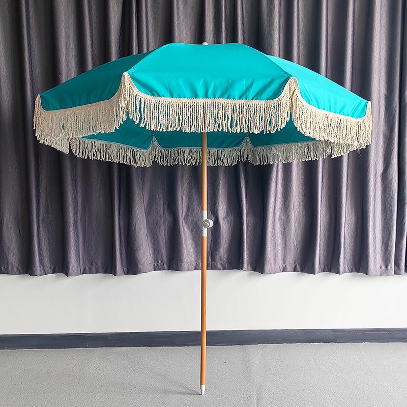 European Style Rotatable Patio Umbrella with Tassel Edge - Wooden Pole and Sunshade for Garden, Beach, Pool, and Terrace
