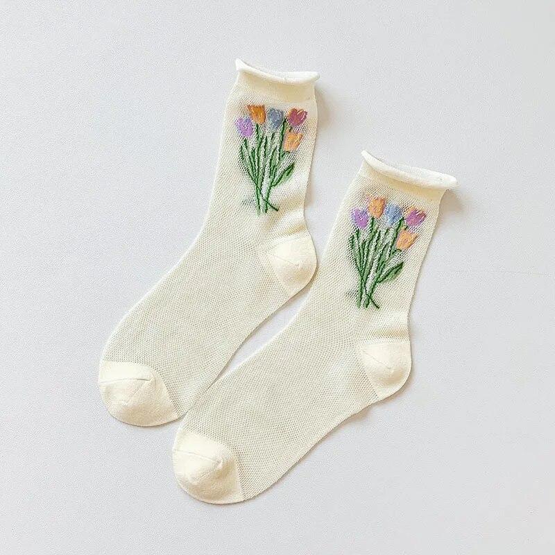 Calzini estivi in pizzo e rete con volant Calzini a rete traforata sottilissimi Calzini giapponesi coreani in cotone caldo con fiori carini Jacquard Calzini alla moda