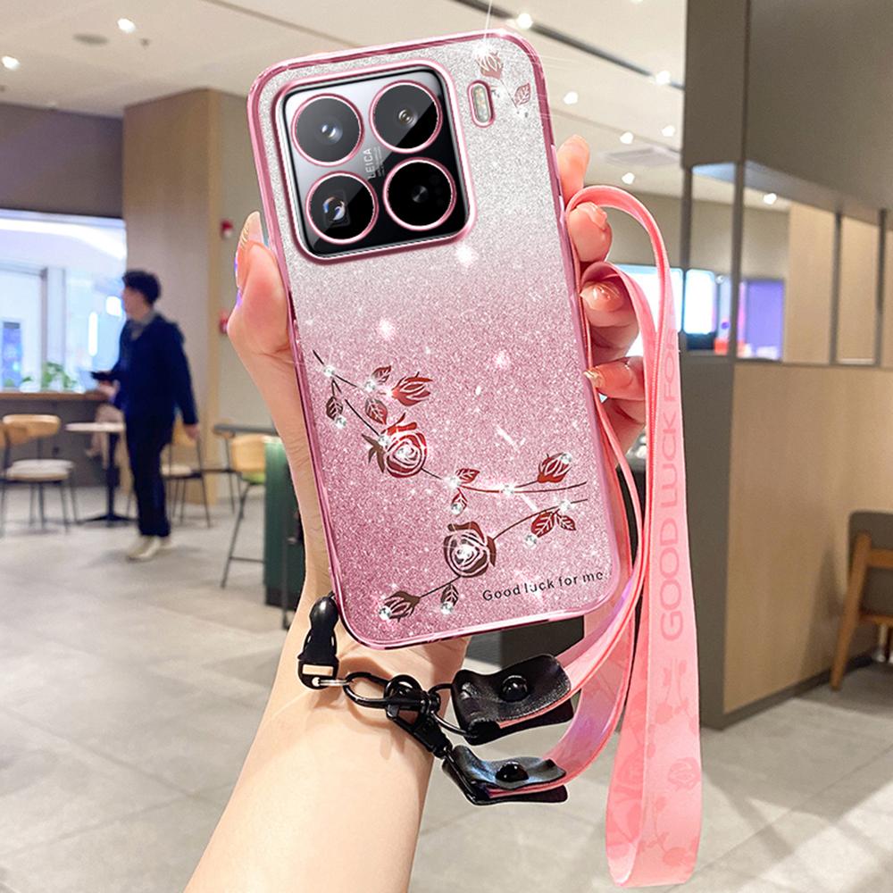 

For Xiaomi 15 Pro Case Flower Pattern TPU Gradient Phone Cover with Lanyards Blue