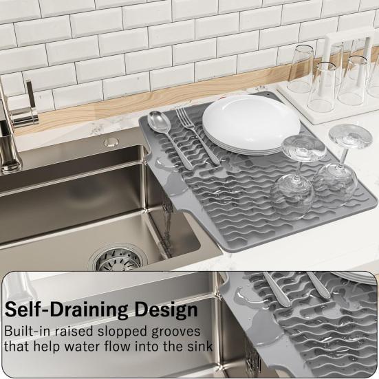 Silicone Drain Mat Nordic Style Heat-Resistant Rectangular Shape Sloped Design Non-slip Dish Drying Mat Kitchen Accessory